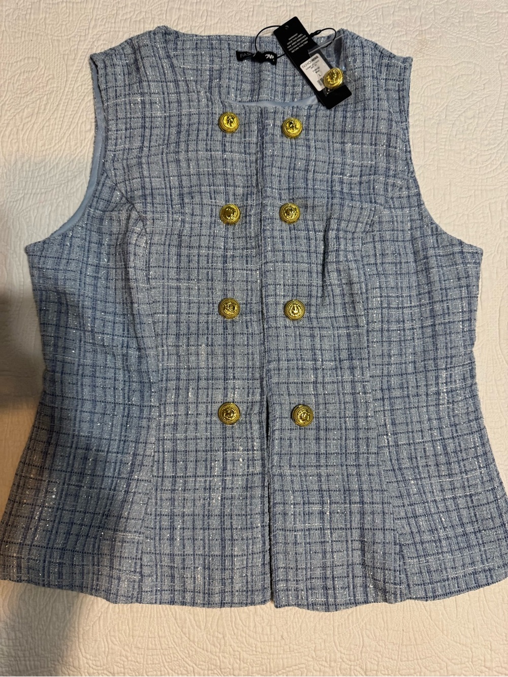 Fashion Nova Light Blue Tweed Double-Breasted Vest with Gold Buttons